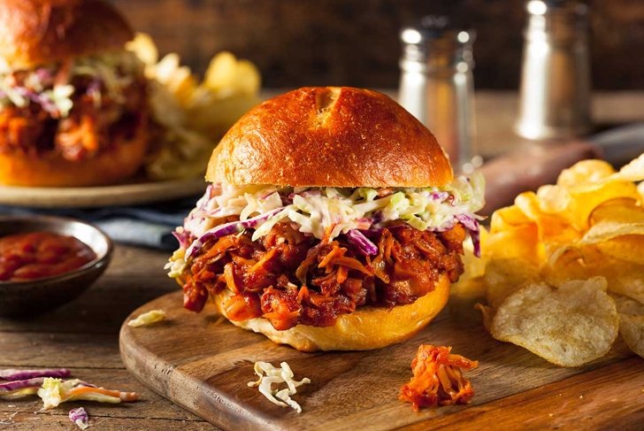 Homemade Vegan Pulled Jackfruit BBQ Sandwich with Coleslaw and Chips