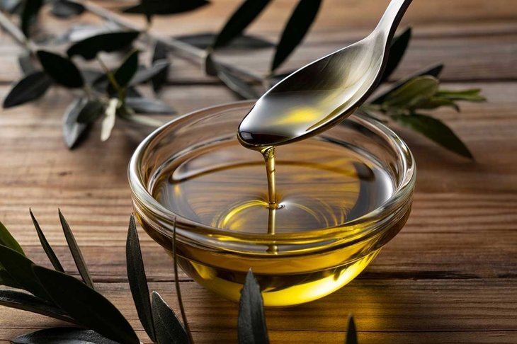 Spooning olive oil into a bowl placed on a wooden background