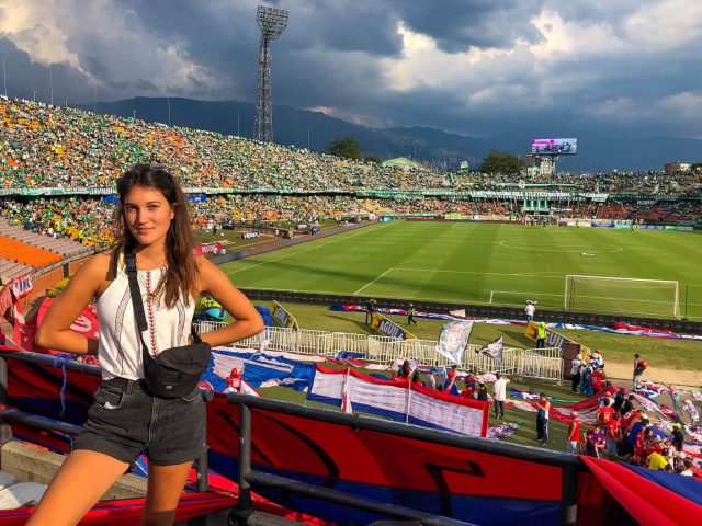 Helene Doetsch in a football stadium