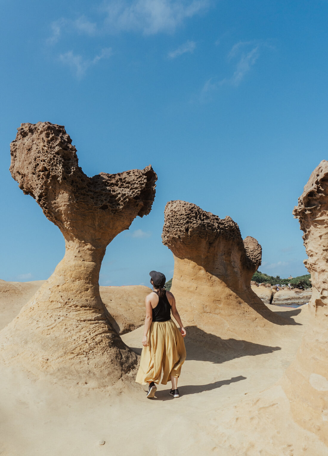 Woman walking away from the camera in a desert landscape